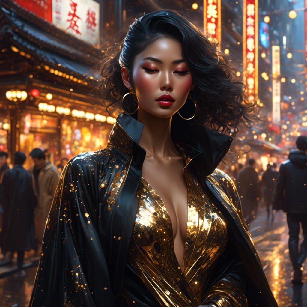 Beautiful Asian Woman in Tokyo Street, Hyperreal Portrait