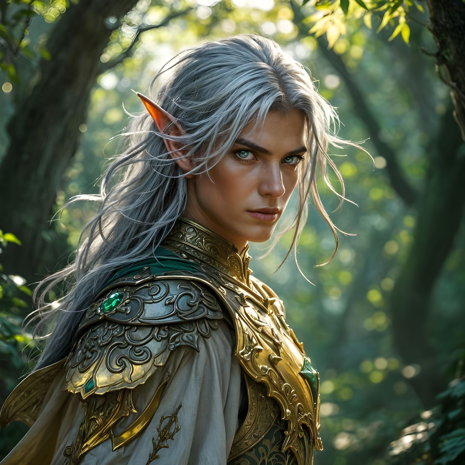 Elf Warrior in Mystical Forest, Golden Armor