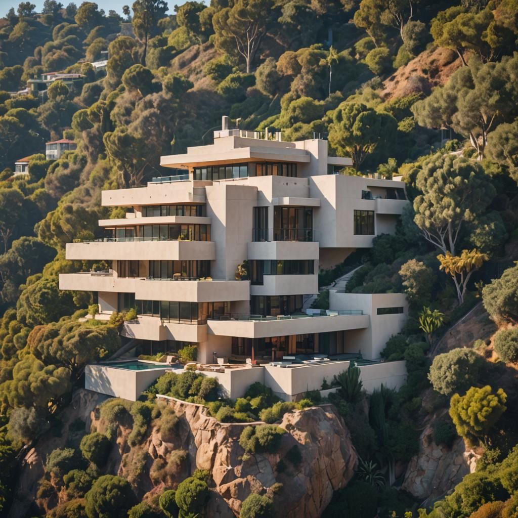 A beautiful hillside mansion in the Hollywood Hills, almost an optical illusion in its near-impossible design inspired b...