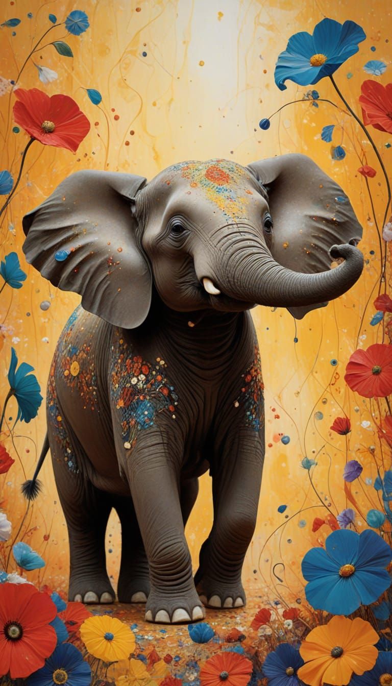 Dreamlike Scene with Baby Elephant and Mouse in Whimsical, G...