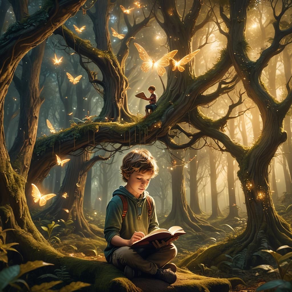 Child Reading with Fairy in Whimsical Forest