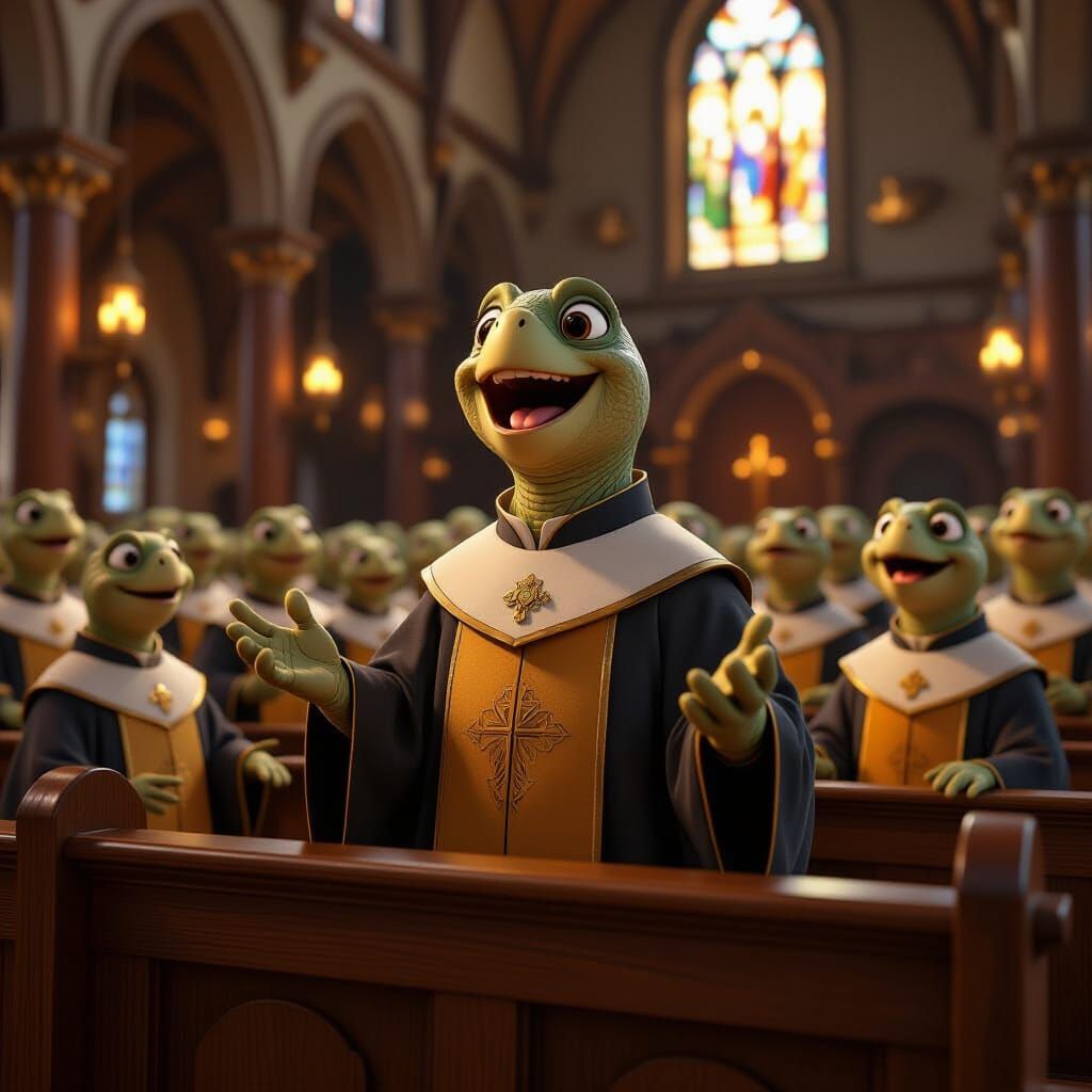 Turtle Choir's Hymn in Candlelit Cathedral: 3D Art