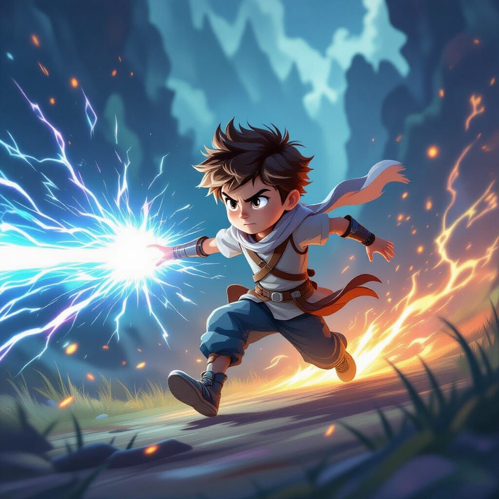 Boy Outruns Light in Ethereal Fantasy Landscape