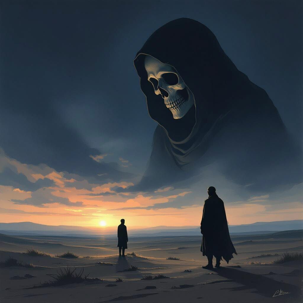 Skeletal Figure and Man Share Knowing Smiles at Dusk