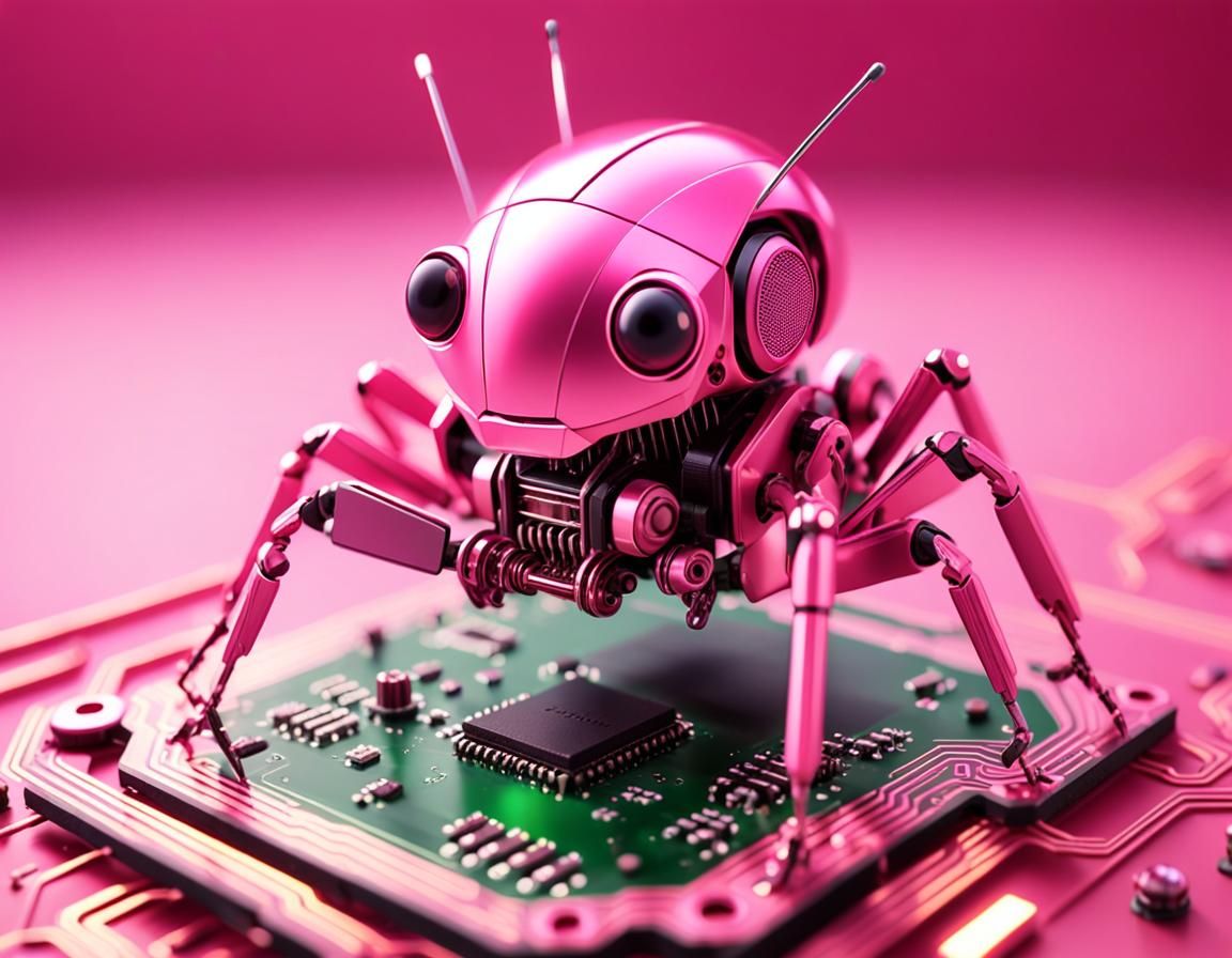Pink Cricket Robot on Circuit Board in Sci-Fi Style