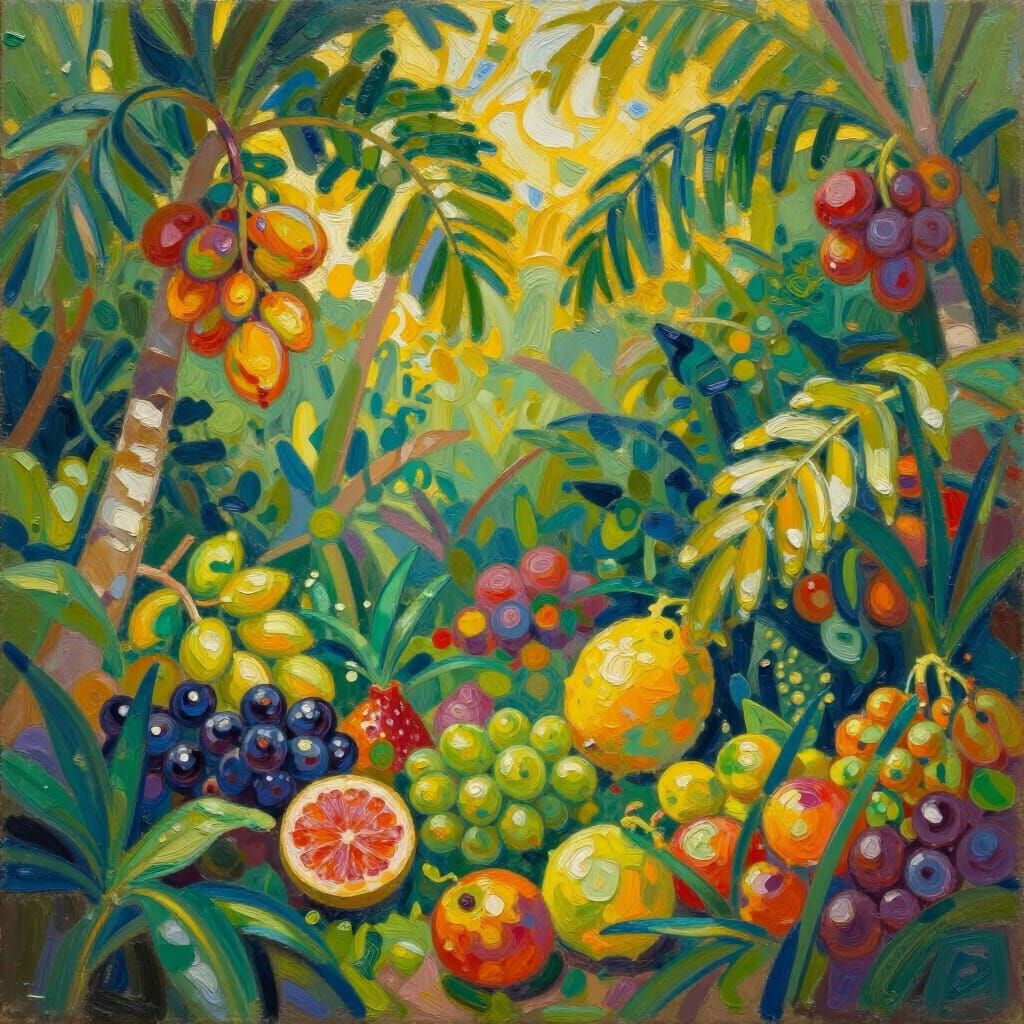 Lush Island Overflowing with Exotic Fruits in Impasto Oil St...