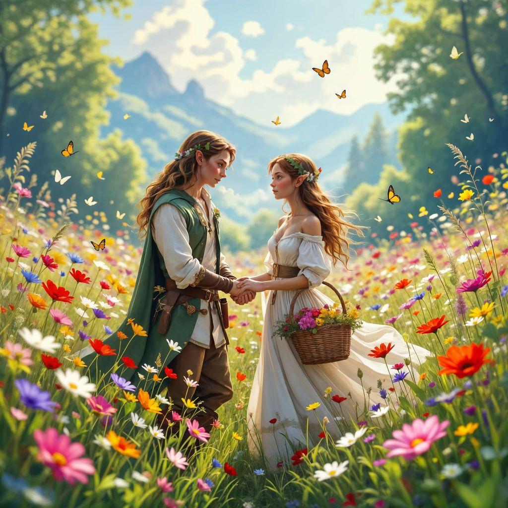 Enchanted Elven Couple in Floral Meadow