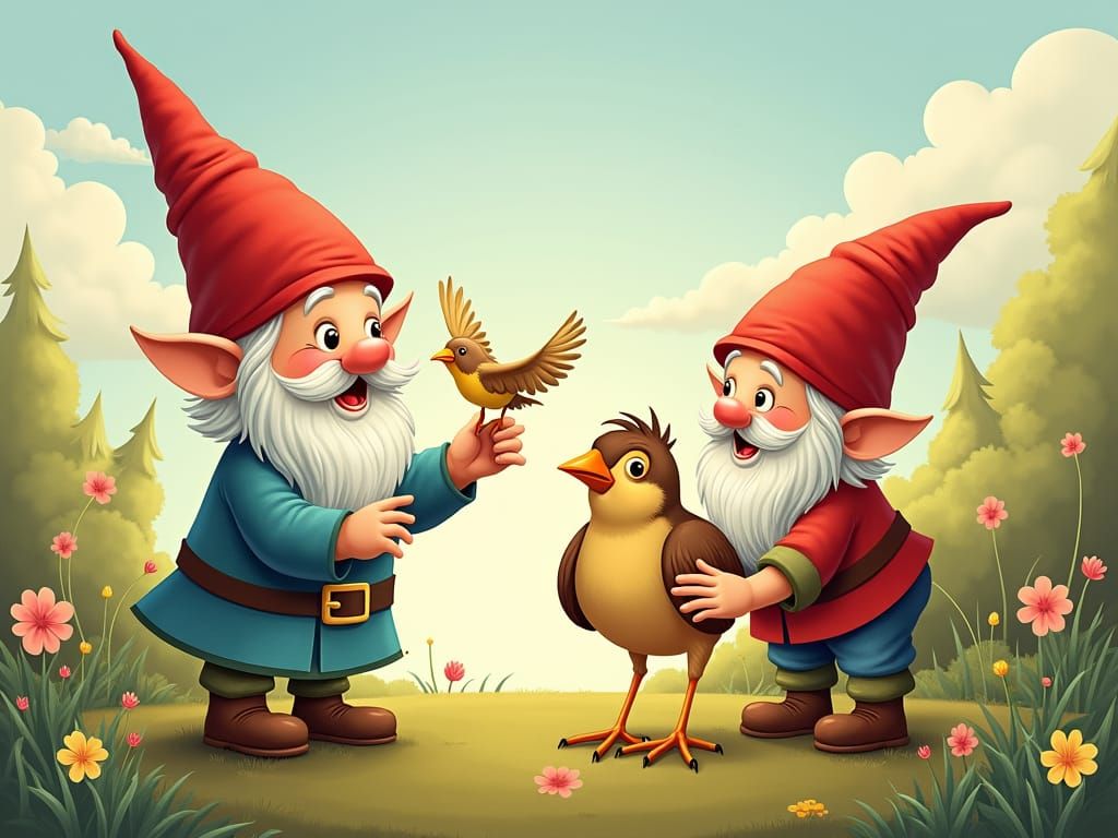 Gnomes Heal Bird: Storybook Illustration