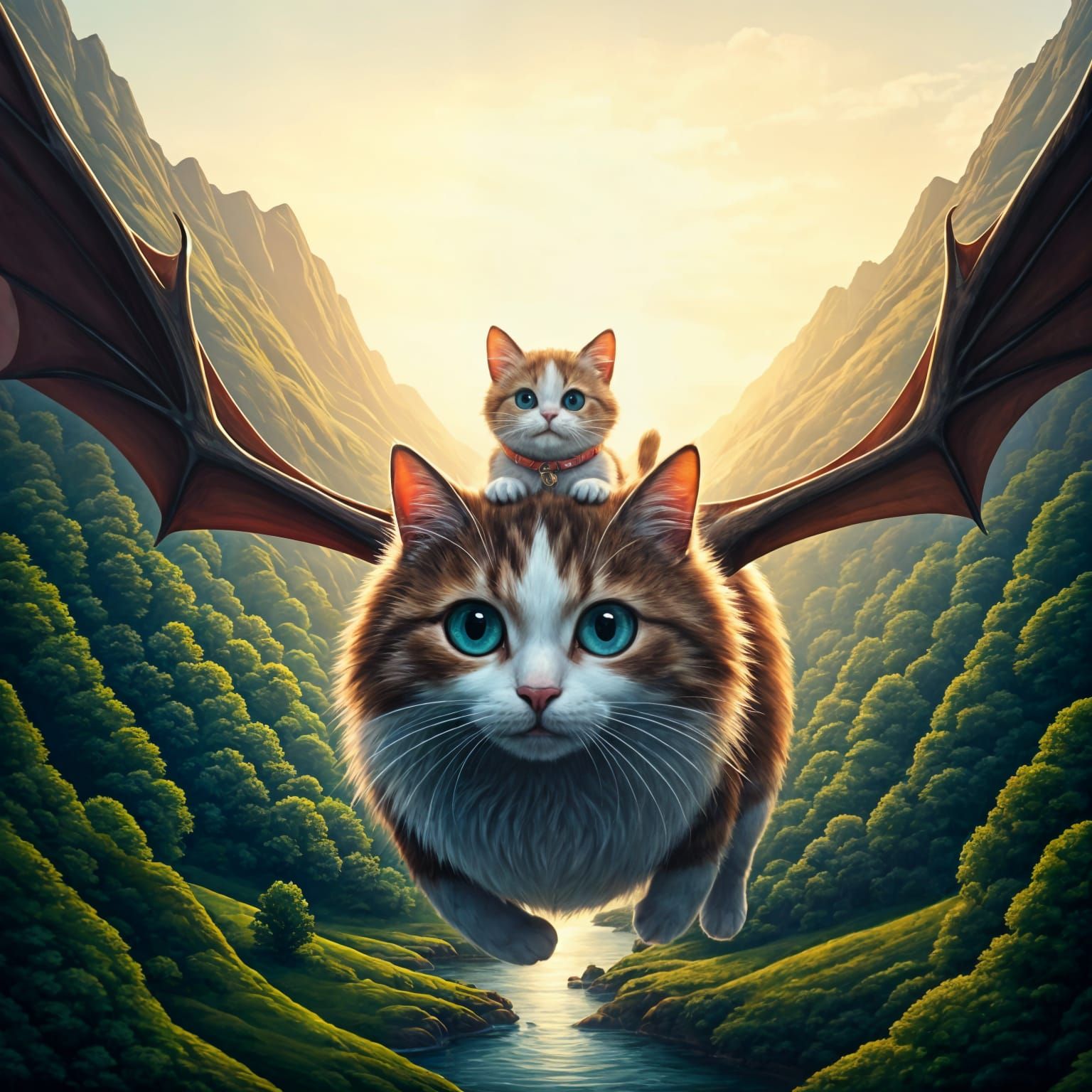 Flying Calico Cat Transports Kitten in Fantasy Valley
