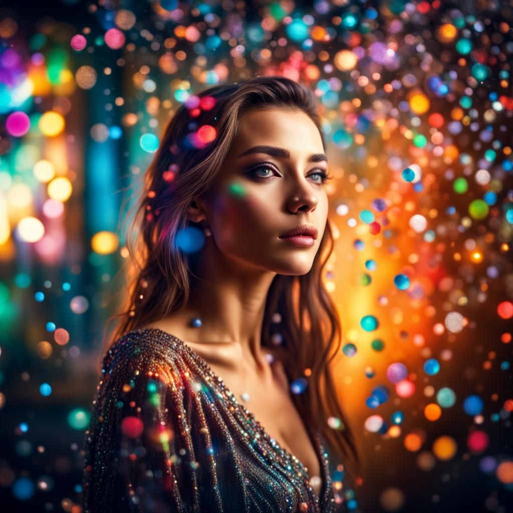 Woman Surrounded by Colorful Sparkles in Hyperrealistic Styl...