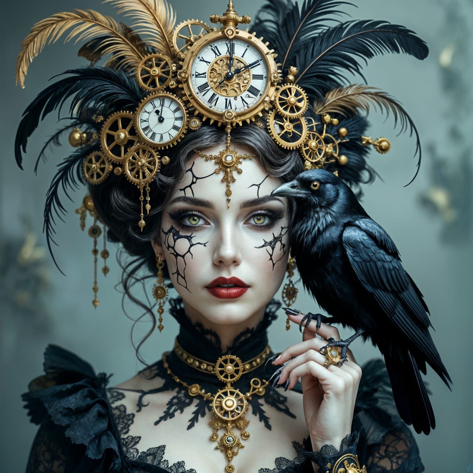 Steampunk Woman Portrait with Clockwork and Raven