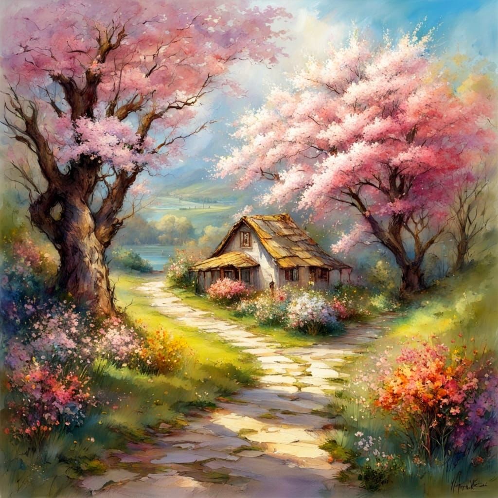 Whimsical Cherry Blossom Countryside in Vibrant Colors