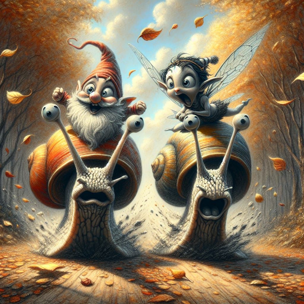 Gnome and Fairy Snail Race in Autumn Forest