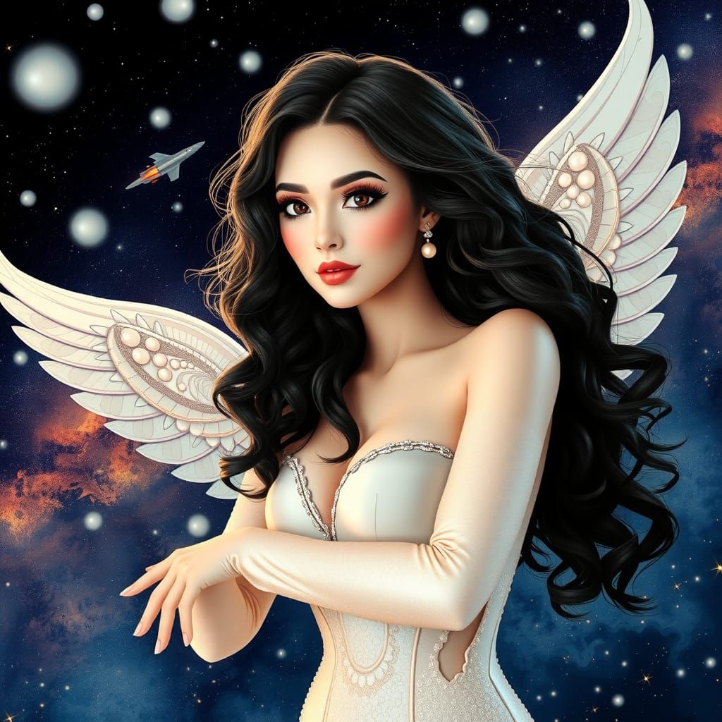 Woman in Pearl Outfit Flying Among Starships