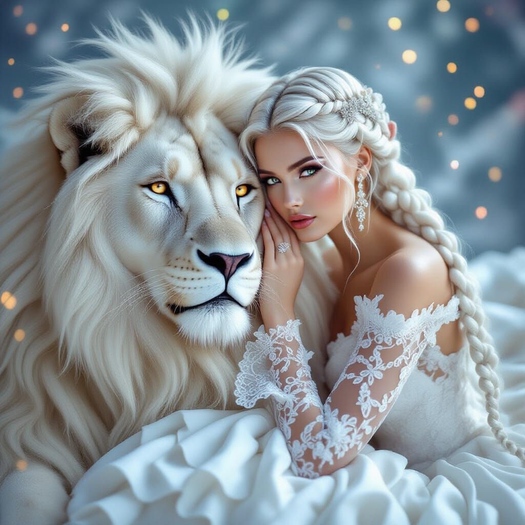 platinum hair styled in intricate braids, resting her head o...