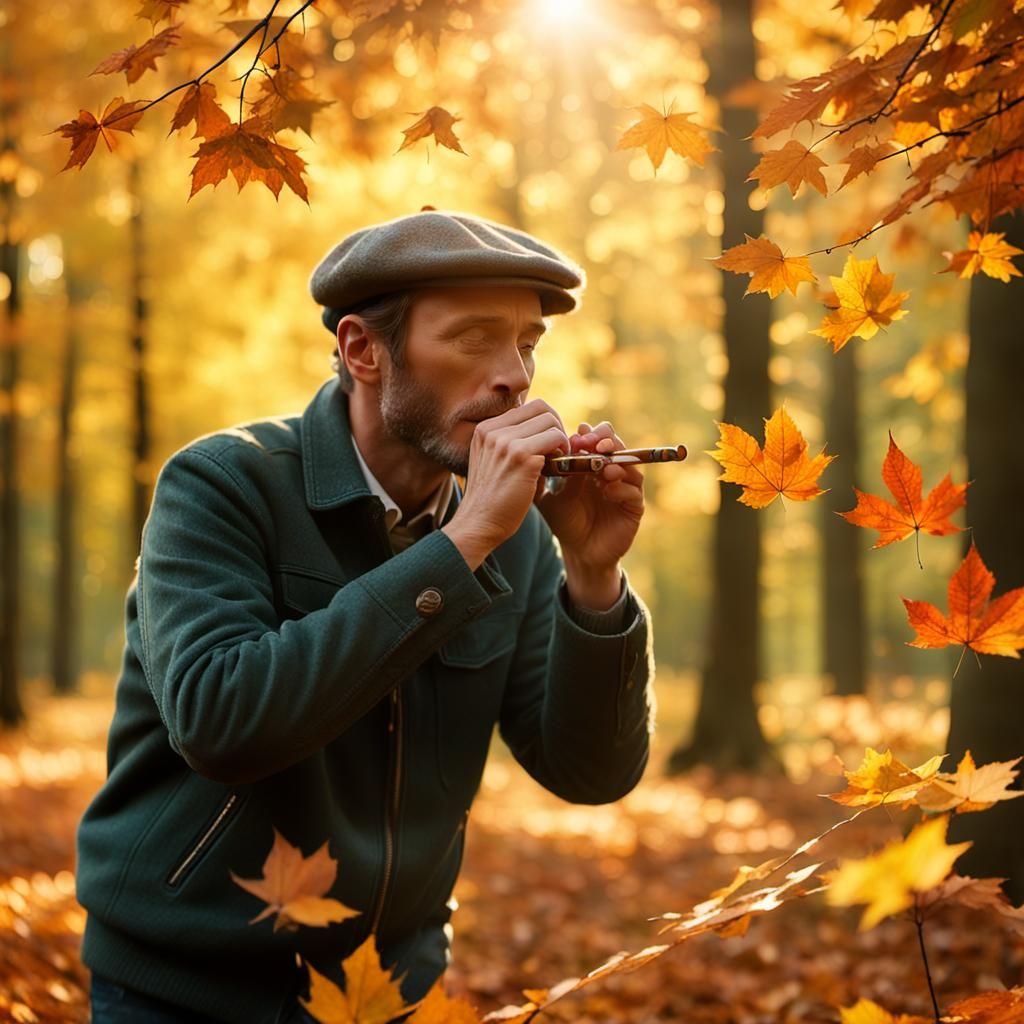 Autumnal Harmonica Player in Golden Forest Light