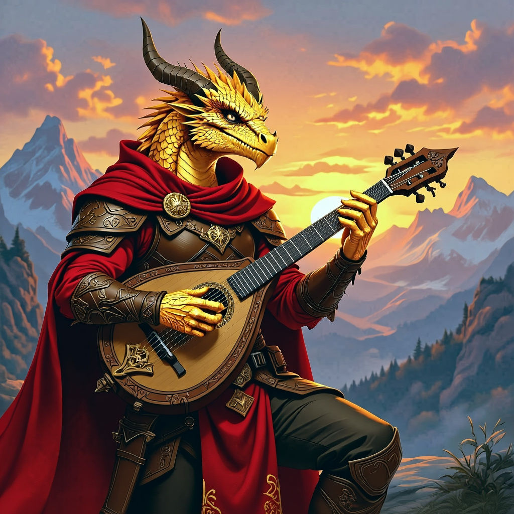 Dragonborn Bard at Sunset in D&D Art Style