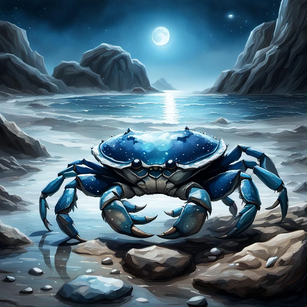 Cancer Crab Shimmers Under Crescent Moon: Fantasy Art