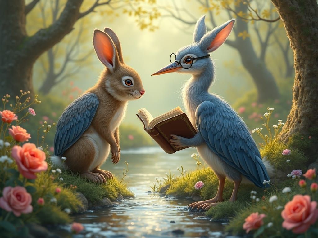 Blue Heron Reads to Peter Rabbit in Enchanting Forest