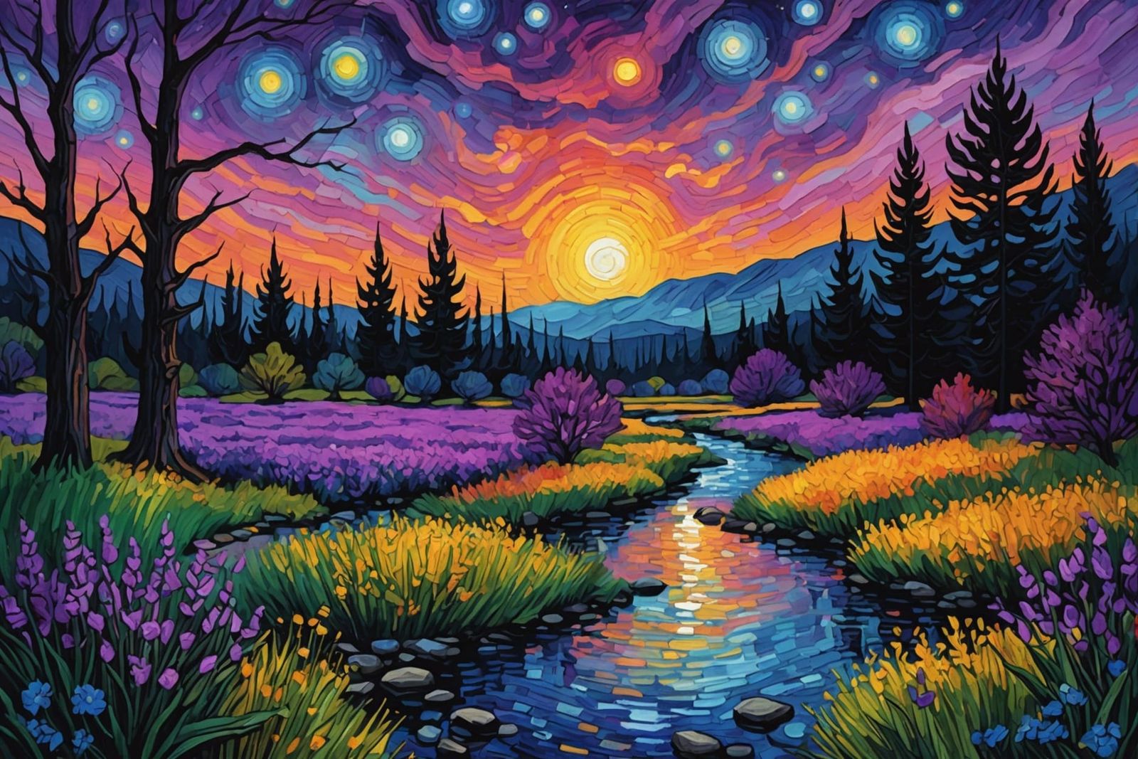 Colorful Gothic Creek Scene in Watercolor Style