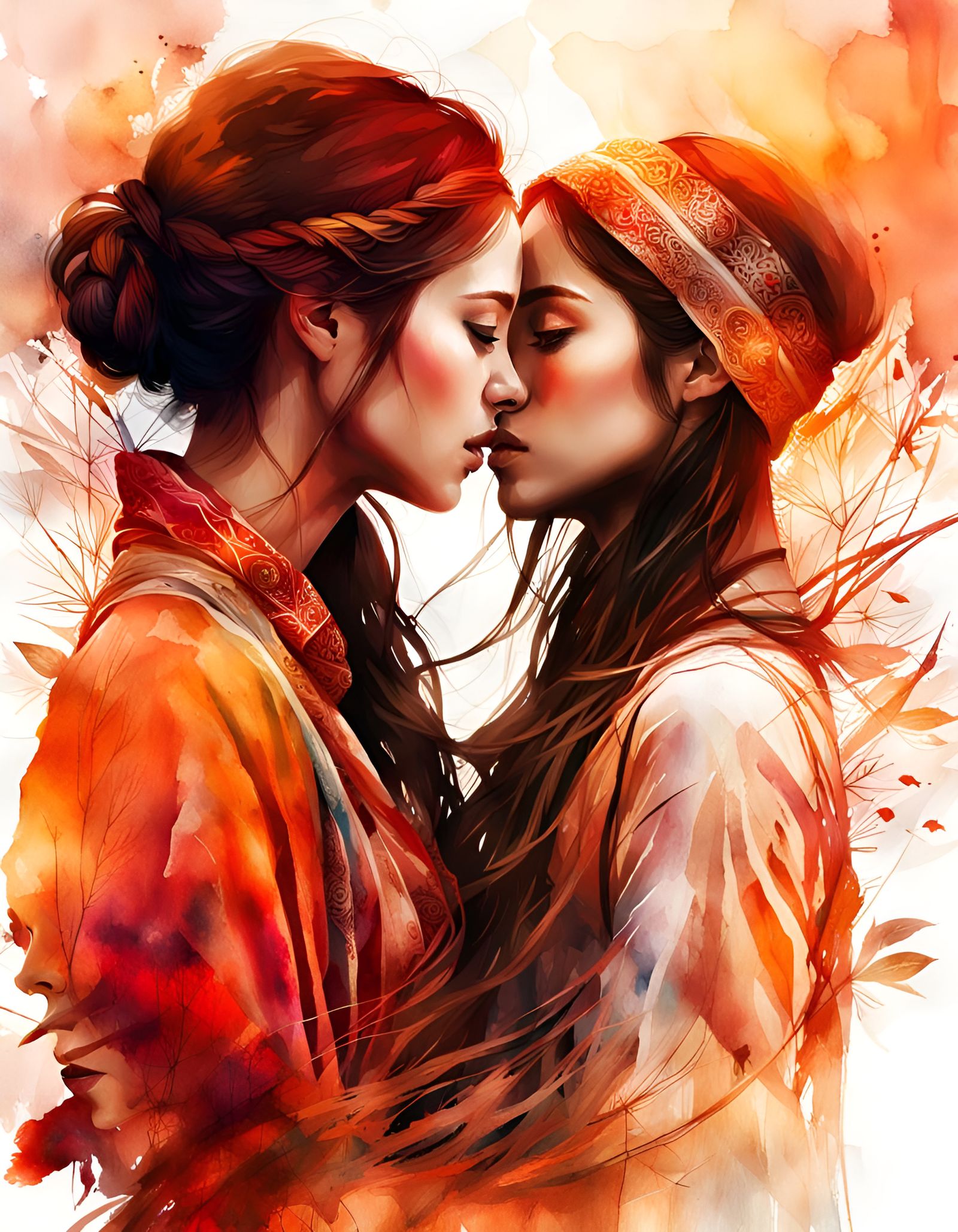 Young Women in Love: Digital Watercolor Sunset