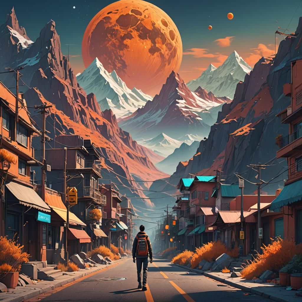 Person Walks on Street with Mountains, Lowpoly Art