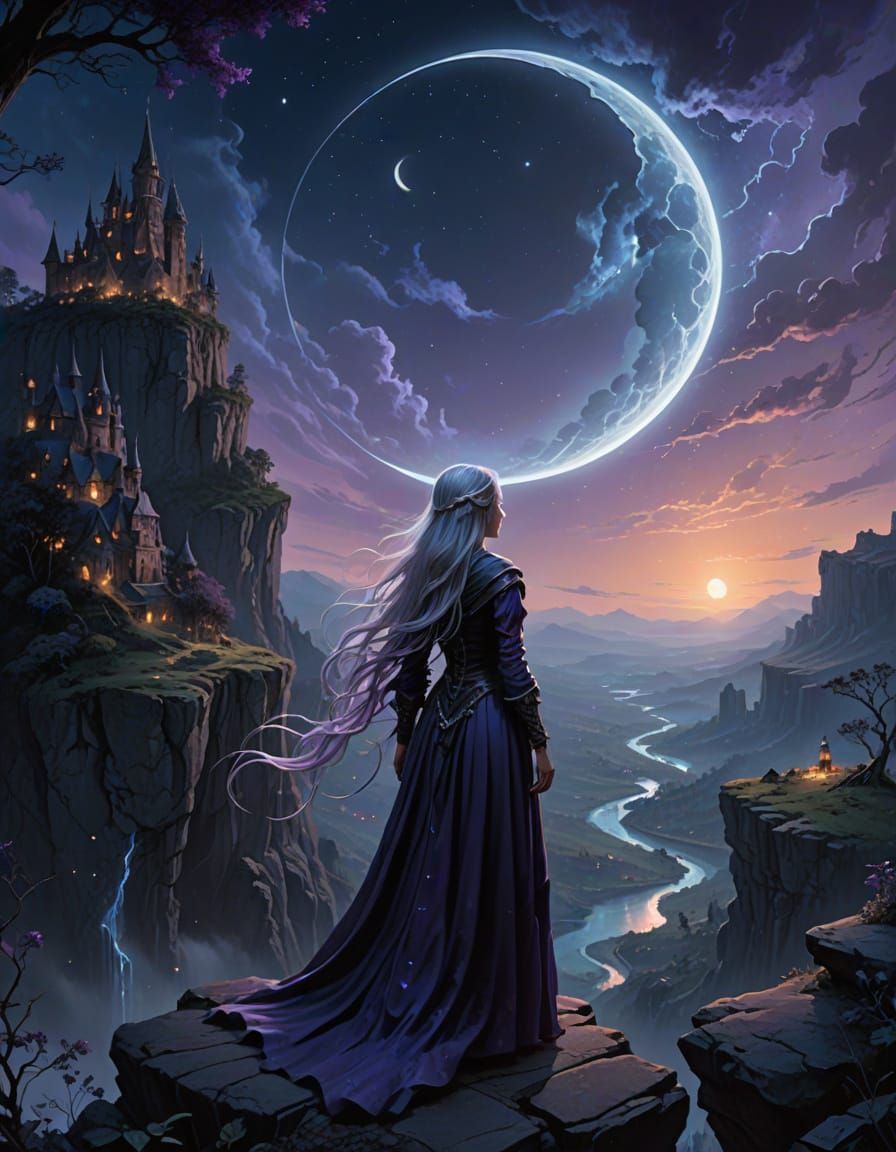 Ethereal Witch on Cliff Under Crescent Moon