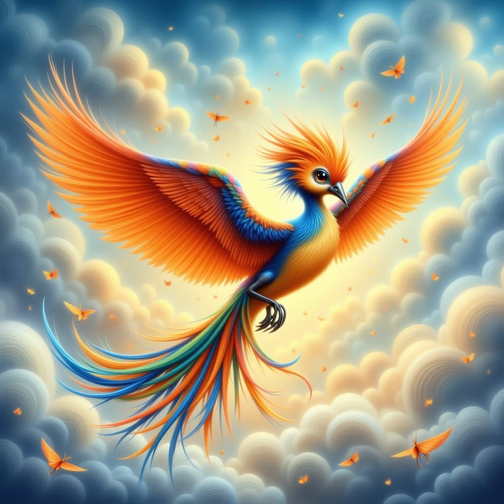 Majestic Baby Phoenix Soars Through Glowing Clouds