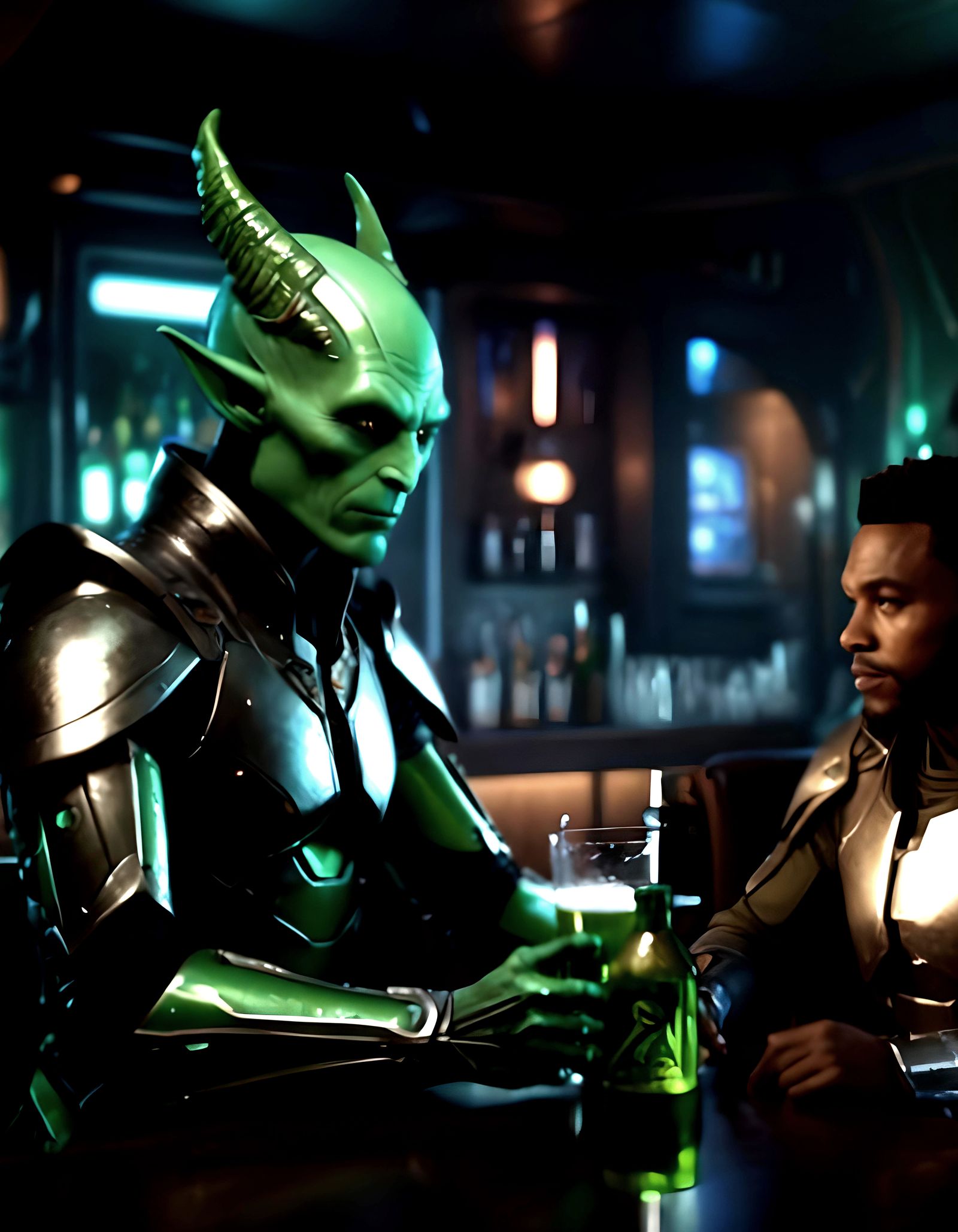 Futuristic Bar Scene with Armored Alien and Human