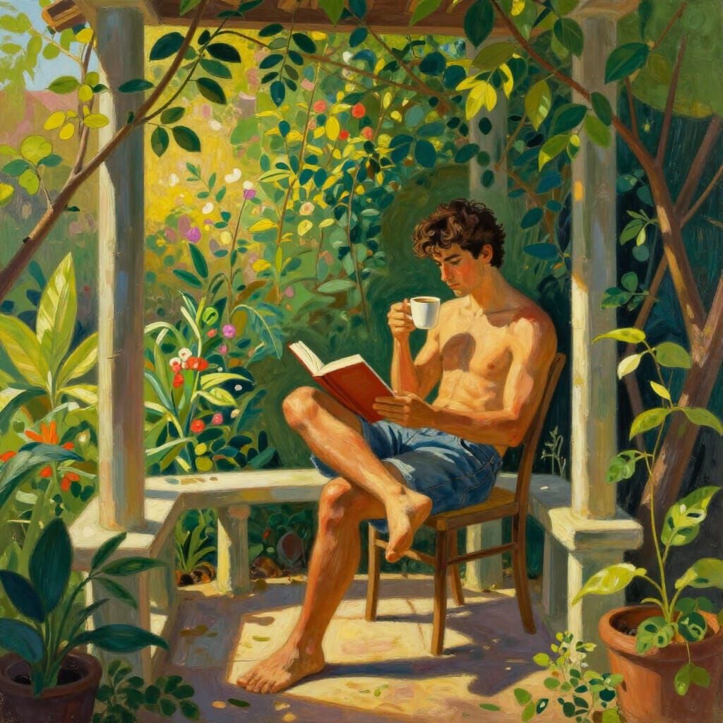 Man Reading in Sunny Garden Alcove with Coffee