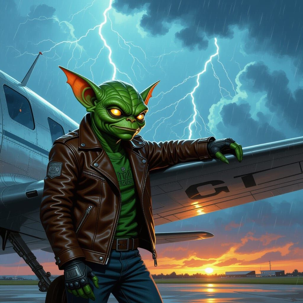 Robot Gremlin on Vintage Plane in Futuristic Style