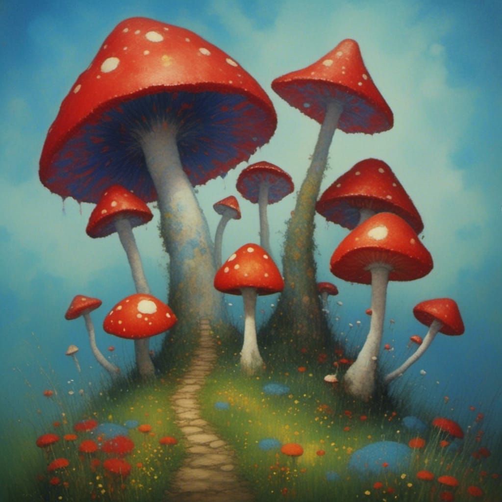 Red Spotted Toadstools Against Black Sky