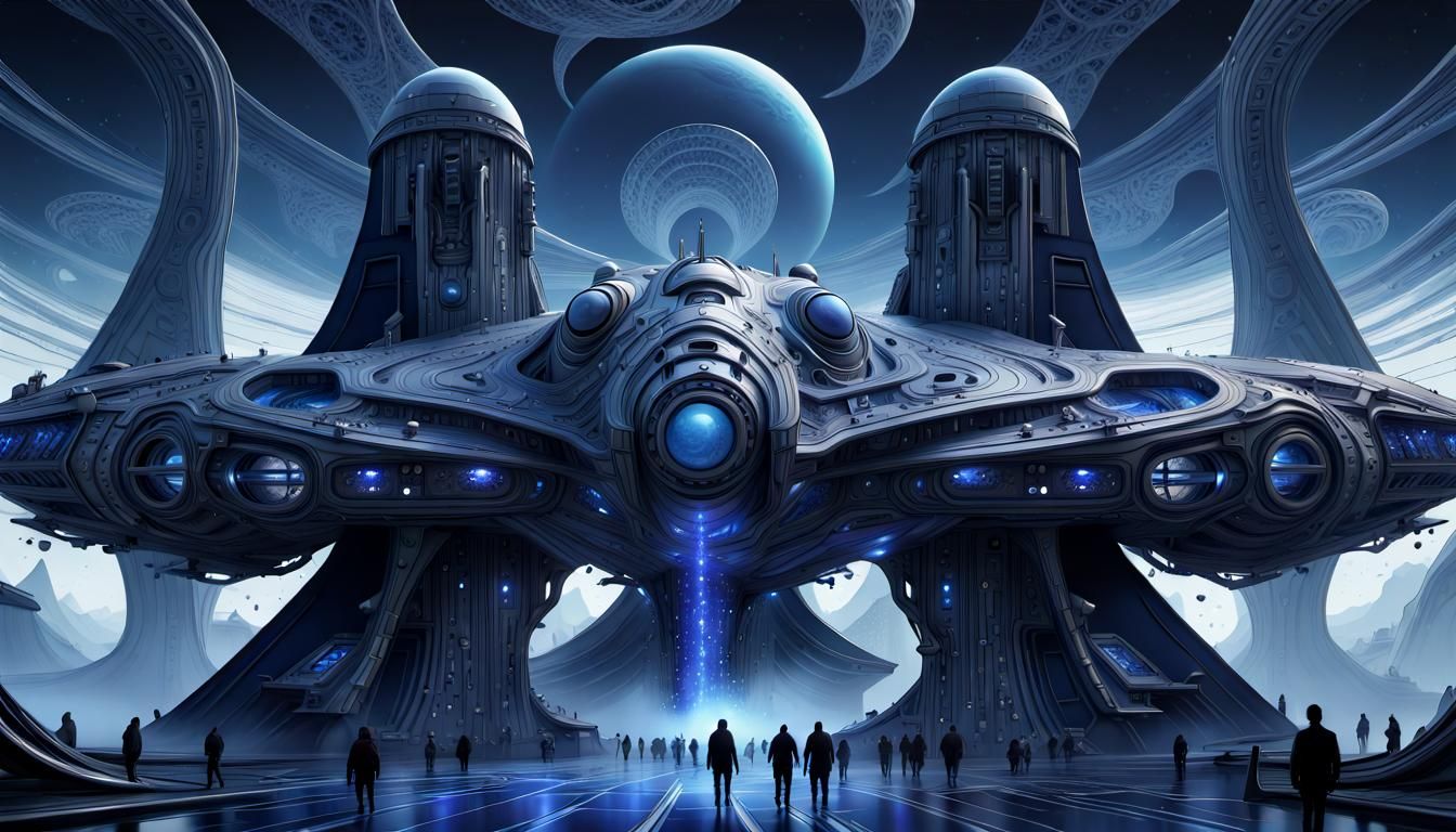 People Boarding Spaceship in Detailed Fantasy Scene