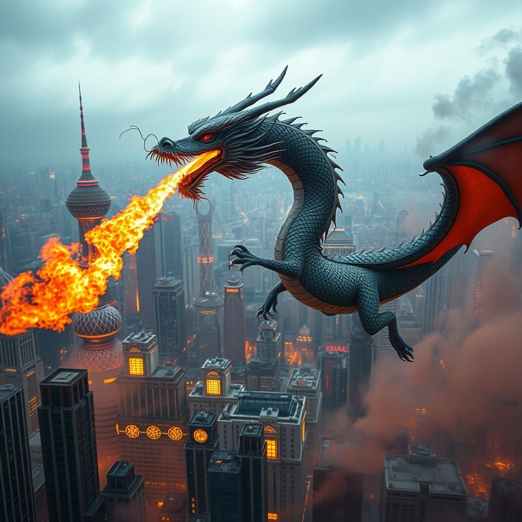 Chinese Dragon Soaring Over Shanghai Skyline