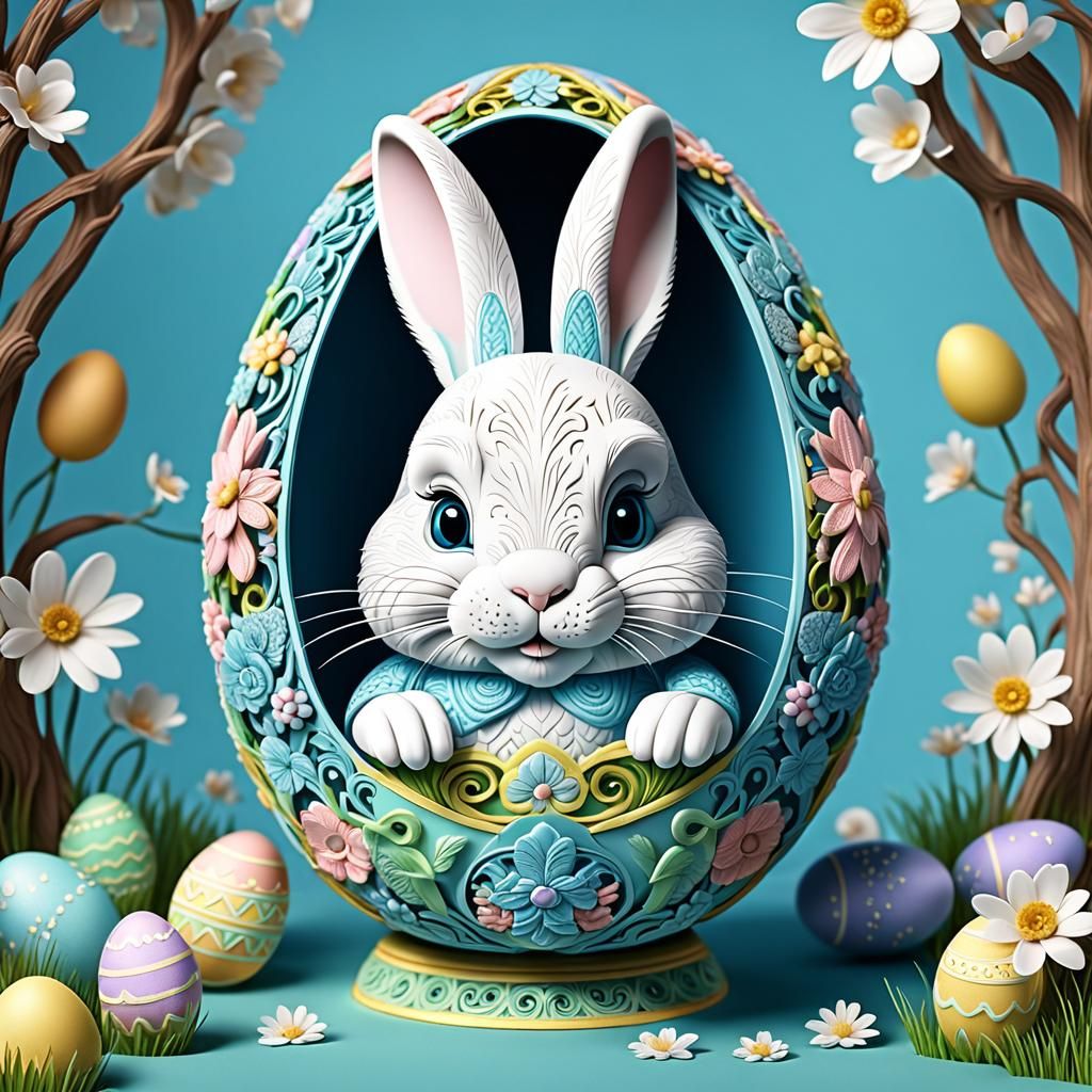 Cute Easter Bunny Inside Elaborate Easter Egg