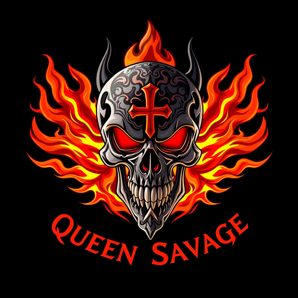 Queen Savage Logo: Skull, Cross, and Flames in Anime Style