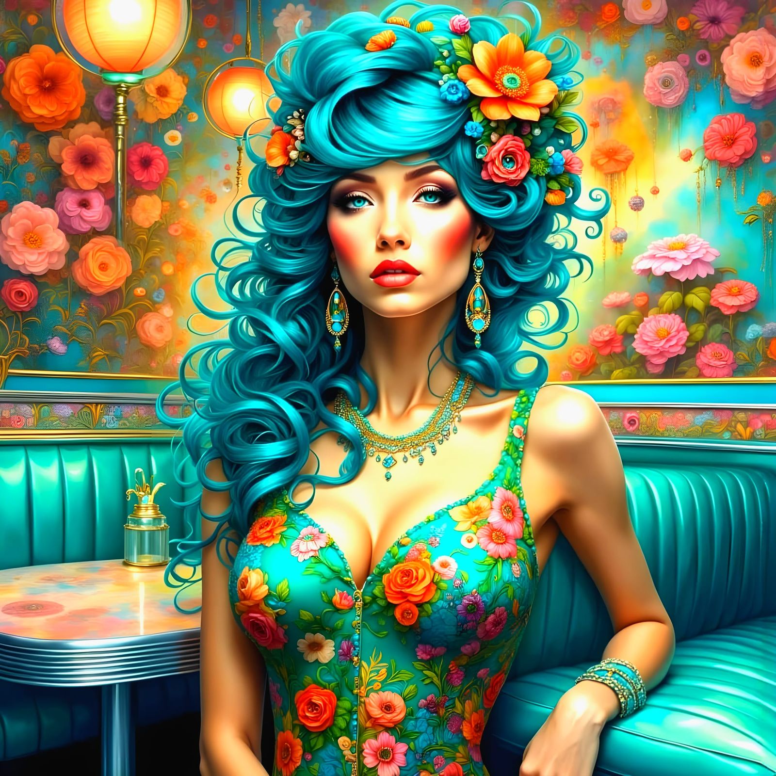 Elegant Psychedelic Siren in Retro Diner Setting