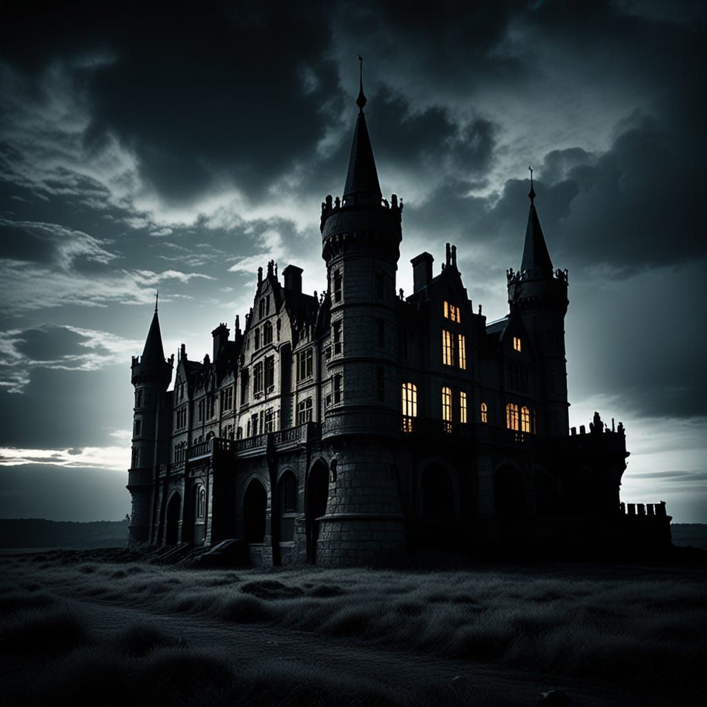 Creepy Night Castle Under Golden Light