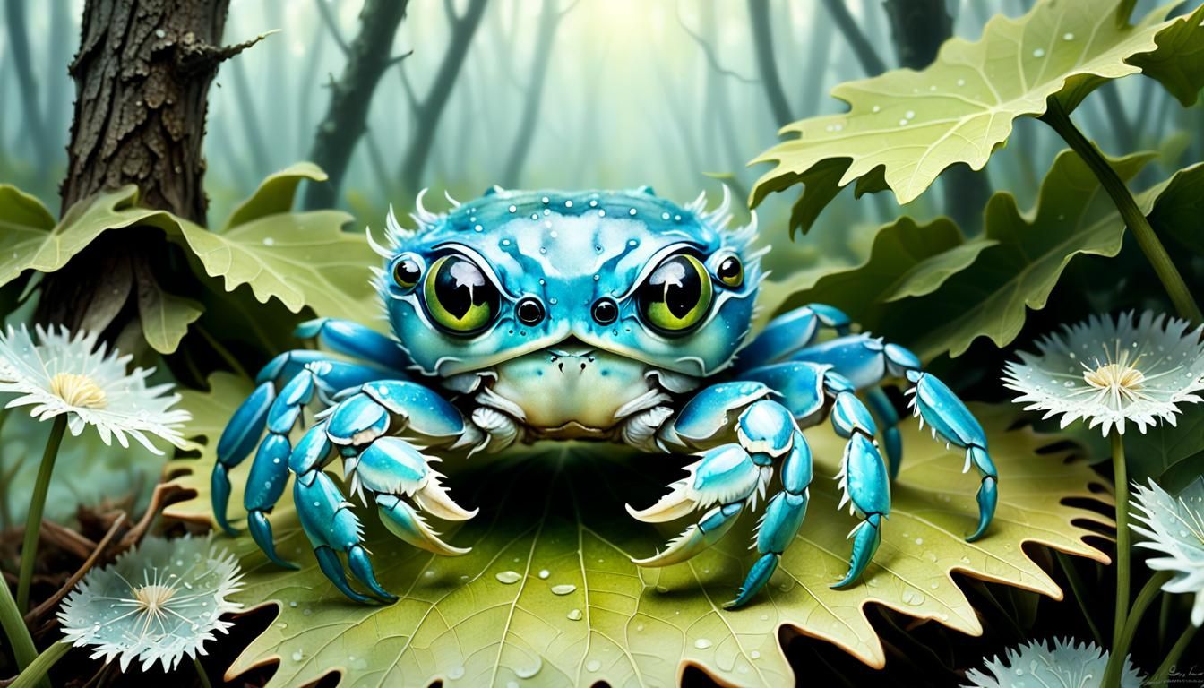 Adorable Crab in Enchanted Forest, Fantasy Art