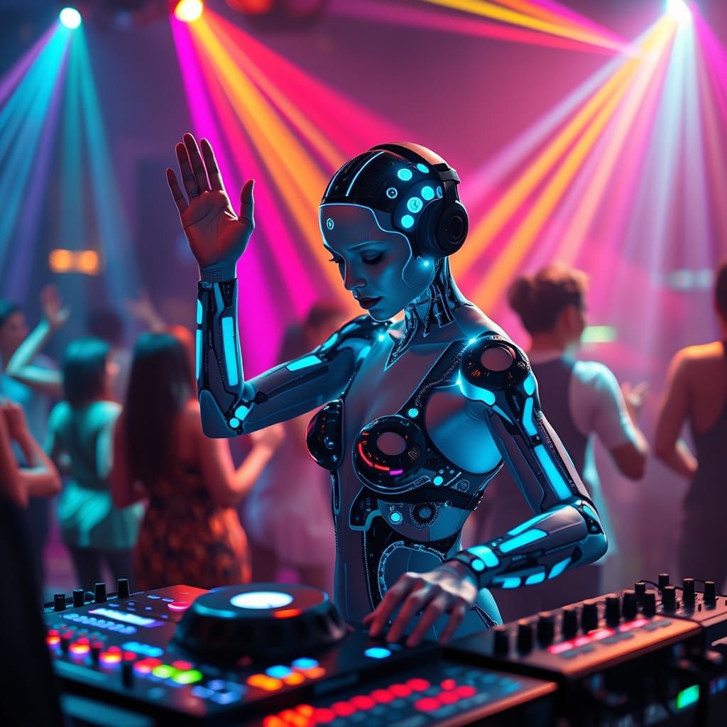 AI DJ with Aqua Skin Dances in Futuristic Disco