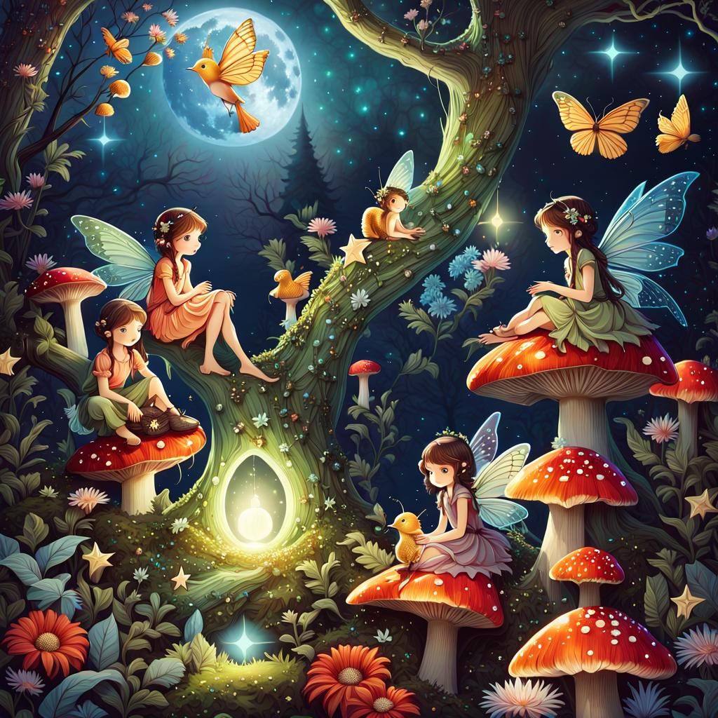 Enchanting Fairies and Birds in Crystalline Forest