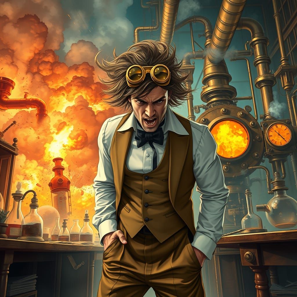 Steampunk Gentleman Cowers Amidst Laboratory Eruption