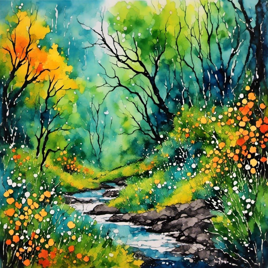 Wildflower Meadow with Deer, Textured Watercolor