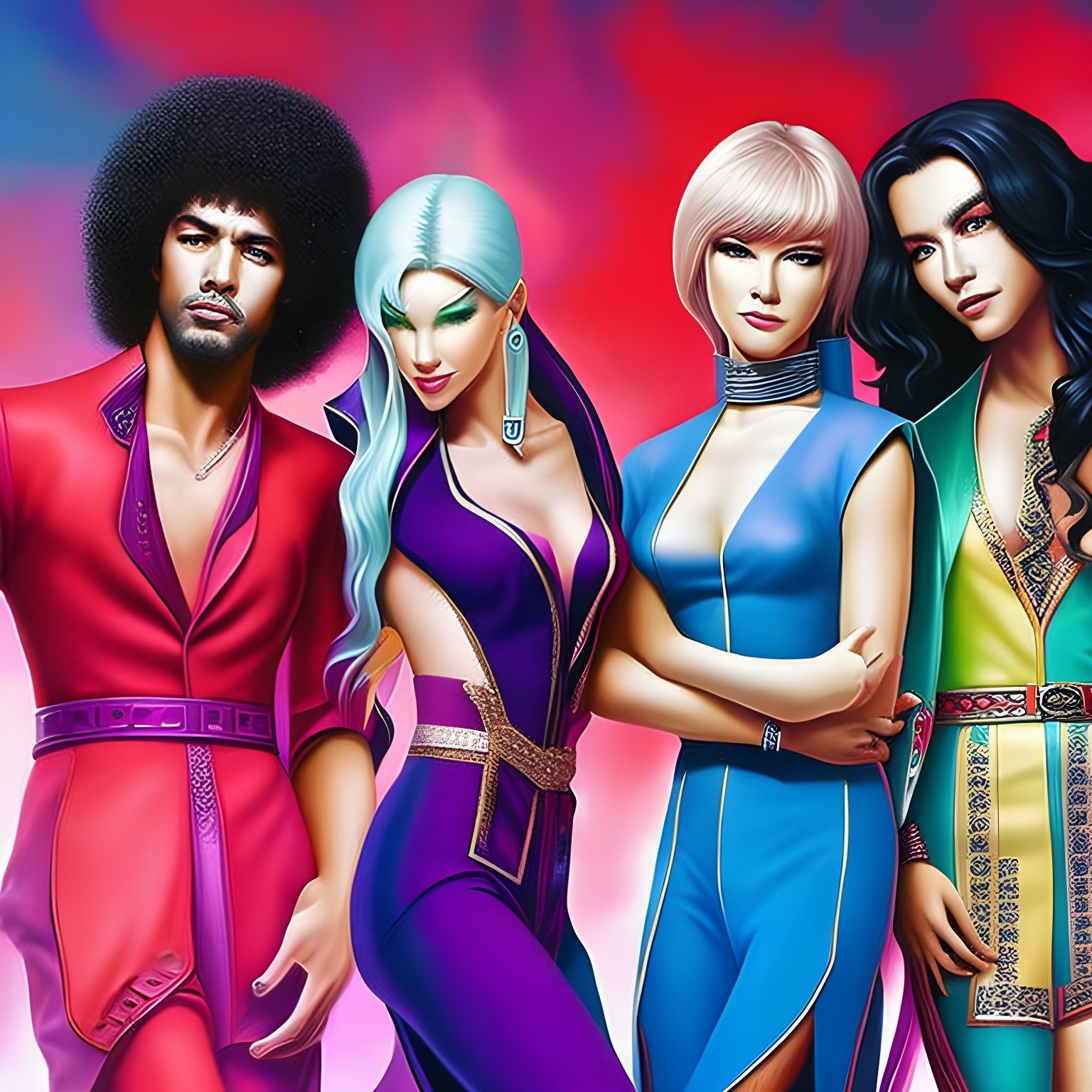 1970s Pop Band Portrait in Digital Art Style