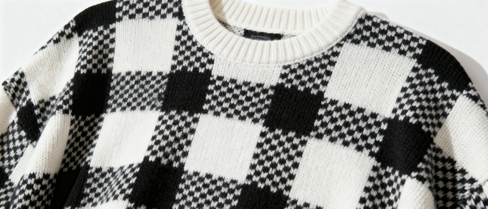Cozy White Sweater With Bold Black Windowpane Plaid