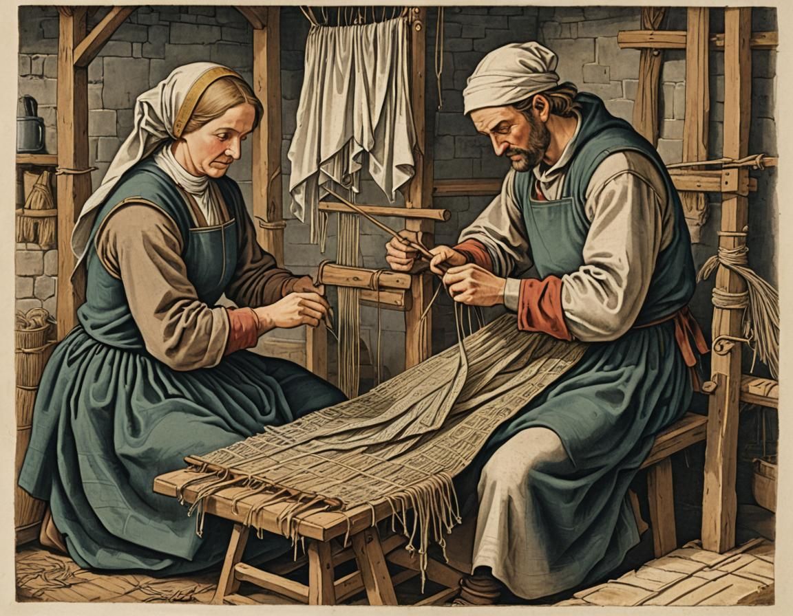 Medieval Weaver at Loom Creating Cloth