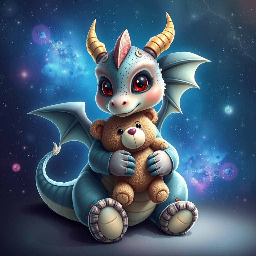 Cute Dragon with Teddy Bear in Cosmic Style