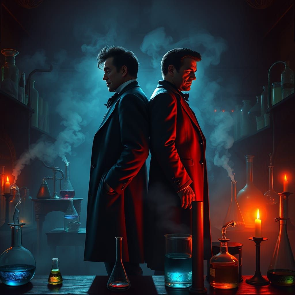 Dr. Jekyll and Mr. Hyde in a Haunting Victorian Lab Scene
