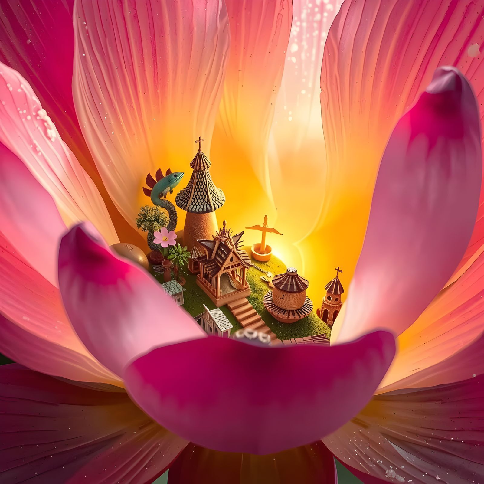 Surreal Miniature World Blooms Within Lotus Flower