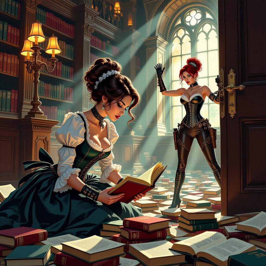 Victorian Woman Searches Library in Comic Art Style